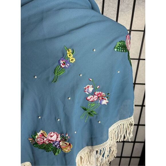 Lacy Afternoon by Shell Kepler Blue Floral Embroidered Shawl - Picture 6 of 7
